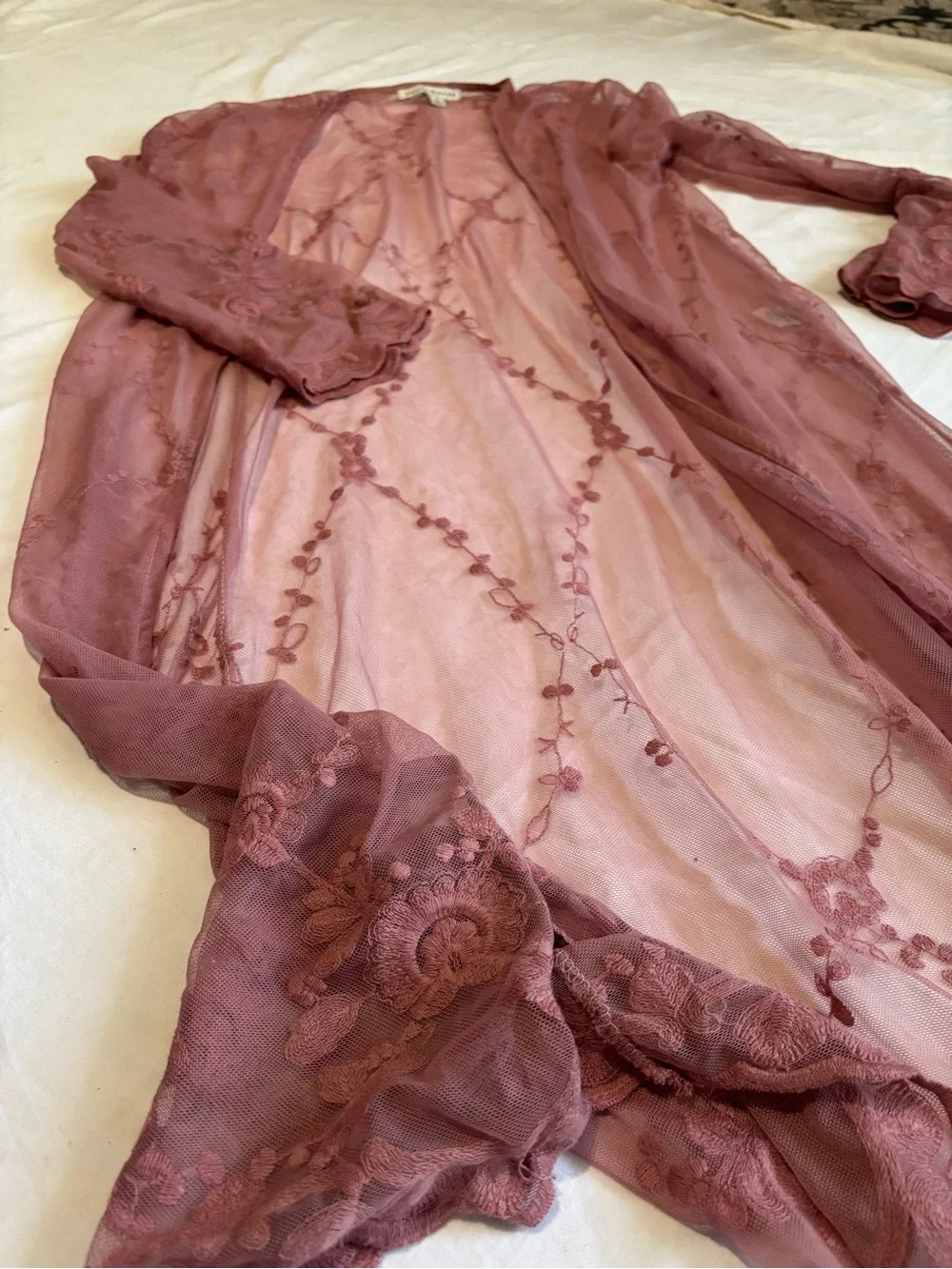Haute Monde Sheer Lace Long Robe in Dusty Rose